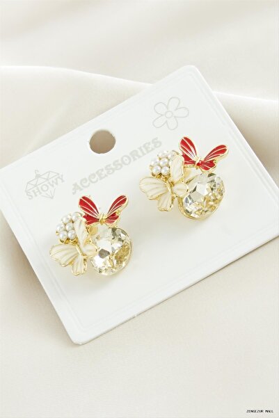 ZERO LAND Zngzrmll Pearl and Stone Metal (33751) Earrings Red