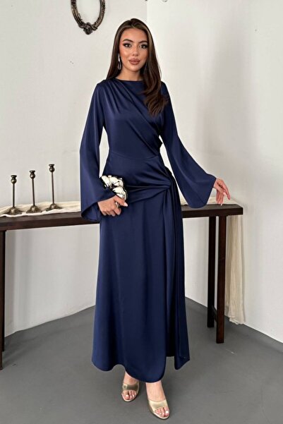 Elbee Fashion Woman Navy Blue Side Tie Satin Dress