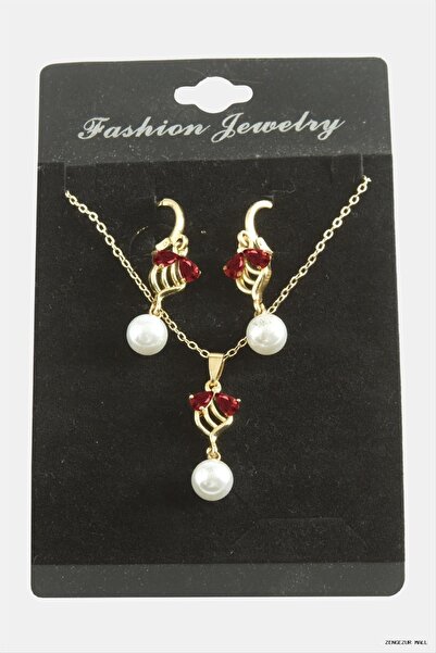 ZERO LAND Zngzrmll Flower Pearl Zircon Stone Set (42336) Necklace Red