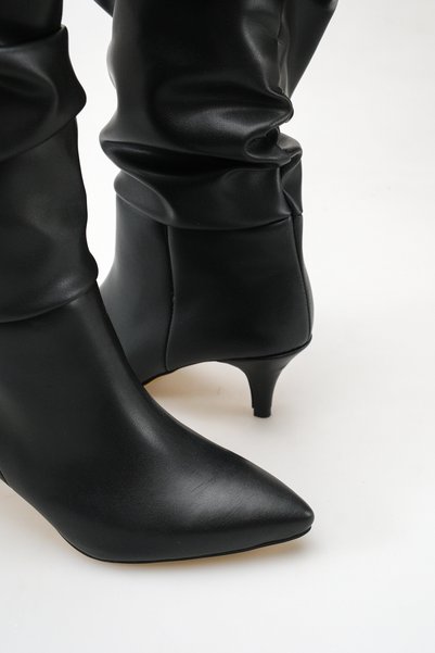 meyra'nın ayakkabıları Women's Drawstring Detailed Thin Heeled Long Boots Black Leather