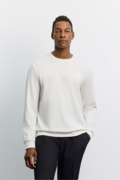 Avva Men's Ecru Crew Neck Seersucker Printed Cupra Sweatshirt A62Y1200