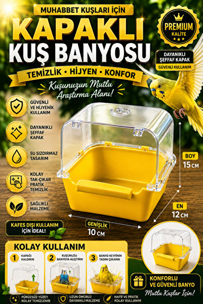 Petshop Sarı Kapaklı Muhabbet Kuşu Banyosu – Şeffaf Kapaklı Kuş Banyoluk