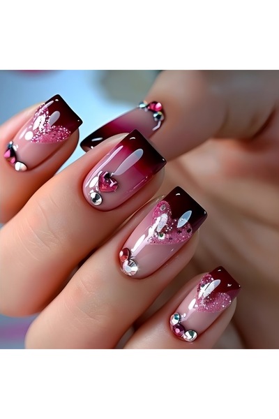 Choice3 3838 Medium long fake Nail Tips with 3D Heart Flower Design gradien p...