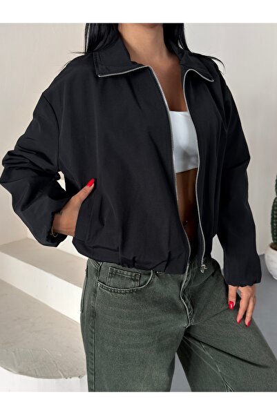 NOTHING Kadın Premium Beli Lastikli Fermuarlı Polo Yaka Trençkot Crop Ceket