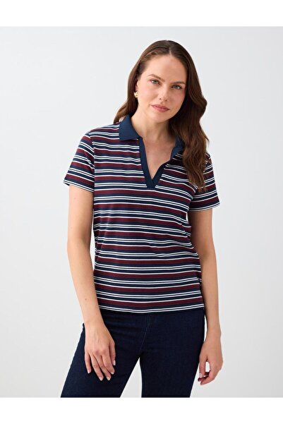 Jimmy Key Navy Blue Polo Collar Striped Patterned Cotton Knitted Blouse