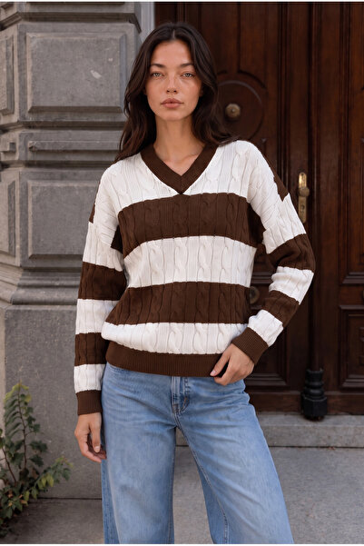 Valiberta Bianca Double Color Braided V-Neck Women's Knitwear Sweater - Brown