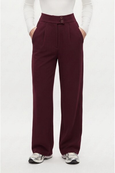 Ritnice Pantaloni Palazzo elastici, cu nasturi dubli, de culoare burgundy înc...