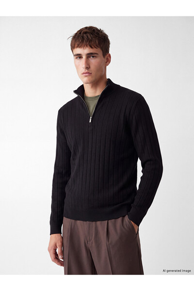 LC Waikiki Ozmarka New Season Black Zippered Stand Collar Men's Knitwear Sweater