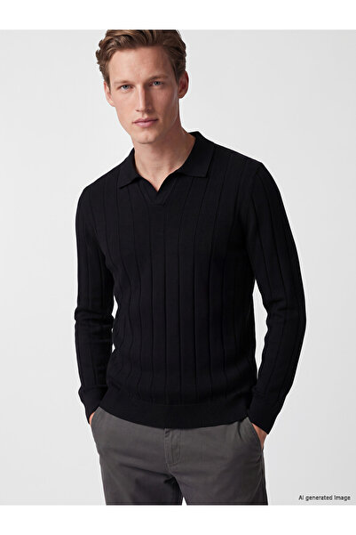 LC Waikiki Vizyon New Season Black Polo Collar Soft Touch Men's Knitwear Sweater