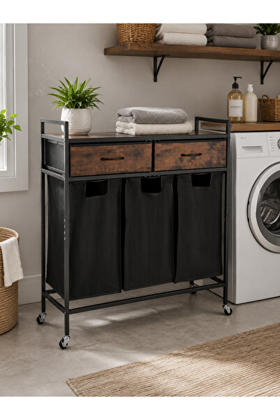 EqiEch 3-Section Laundry Basket & Sorter Cart with 2 Drawers and Top Shelf, R...