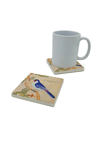 Sadrazam Nightingale Bird Drawing Printed Natural Stone Coaster 10X10 Krt-68