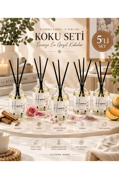 LALEZEN HOME 5’li Oda Kokusu Seti Sandal Rose Japon Kirazı Pudra Tatlı Kavun ...