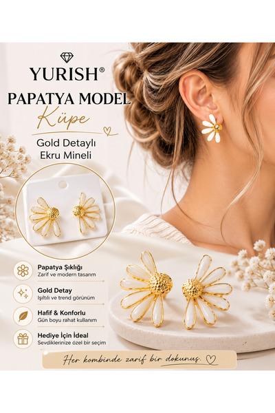 YURISH Women's Gold Detailed Trendy Ecru Enamel Daisy Model Earrings