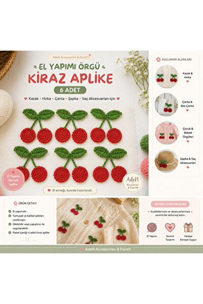 ADeN Accessories & Punch El Yapımı Örgü Kiraz Aplike – 6 Adet