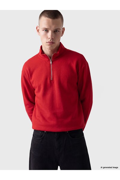 LC Waikiki Ozmarka New Season Red Half Zipper Stand Collar Men's Sweatshirt