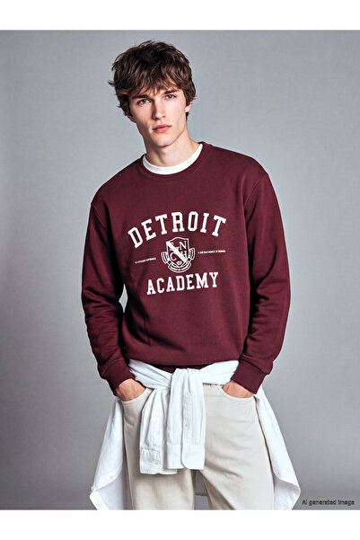 LC Waikiki Ozmarka New Season Claret Red Crew Neck Detroit Printed Men's Thic...