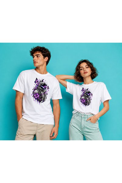 GOB Collection Unisex Women's Men's Regular 100% Cotton Printed Crew Neck Short Sleeve T-Shirt White-Astronaut Butterfly