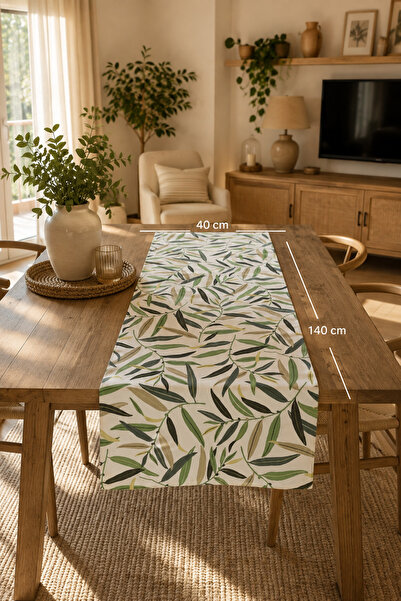Lasviah Botanik Yaprak Desenli Baskılı Dekoratif Runner 40x140