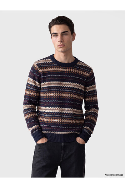 LC Waikiki Ozmarka New Season Navy Blue Crew Neck Patterned Men's Knitwear Sw...