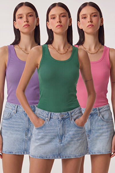 Lovelyİstanbul 3-Piece Ribbed Thick Strap Knitted Undershirt Lrn0060 Green Li...