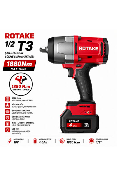 ROTAKE 1/2 T3 Şarjlı Somun Sökme Sıkma Makinesi 1880Nm