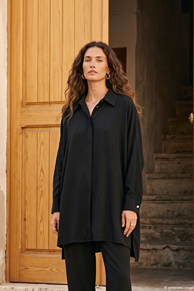 Lale Butik Straight Cut Button Detailed Modal Shirt 19605 Black