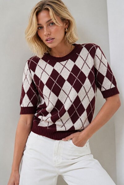 Arbucky Women's Crew Neck Diamond Pattern Short Sleeve Knitwear Sweater