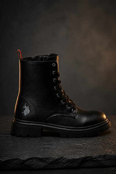 U.S. Polo Assn. HS-4727 Γυναικείες μαύρες χειμερινές μπότες με κορδόνια και λ...