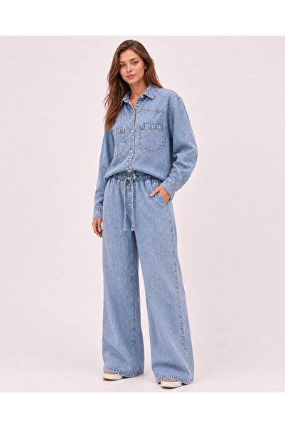 Safari Kadın Açık Denim İkili Takım Oversize Jean Gömlek Beli Lastikli Geniş ...
