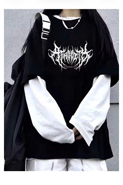 Pop Giyim Gothic Atrocity Black and White Sleeve Detail Long Sleeve Sweatshirt