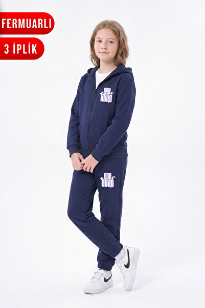 FYK KİDS 3 Thread Girls' Printed Hooded Zipper Tracksuit Set