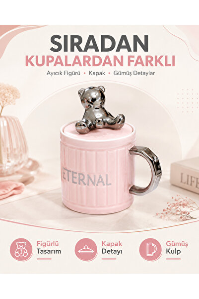 METTREND Pembe Ayıcıklı Kapaklı Seramik Kupa Gümüş Kulp Dekoratif Hediyelik K...