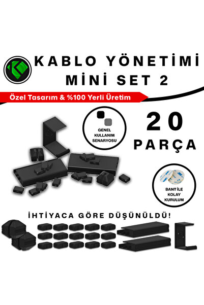 20 Parça Masa Altı Kablo Düzenleyici Mini Set 2 - Kulaklık Tutucu ve Şarj İstasyonlu Kablo Yönetimi -Siyah