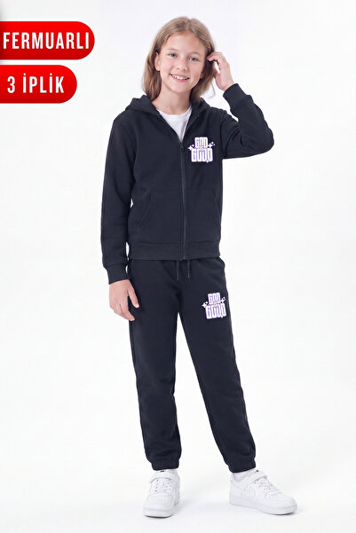 FYK KİDS 3 Thread Girls' Printed Hooded Zipper Tracksuit Set