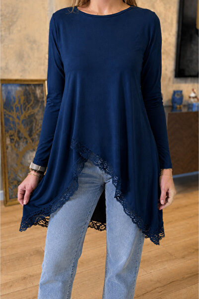 moda wanilia Women's Crew Neck Lace Detailed Asymmetrical Cut Long Sleeve Vis...