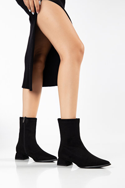 DİORİN Women's Short Thick Heeled Pointed Toe Zippered Casual Boots