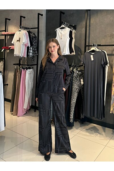 Jolinbutik Siyah geometrik desen gömlek pantolon takım