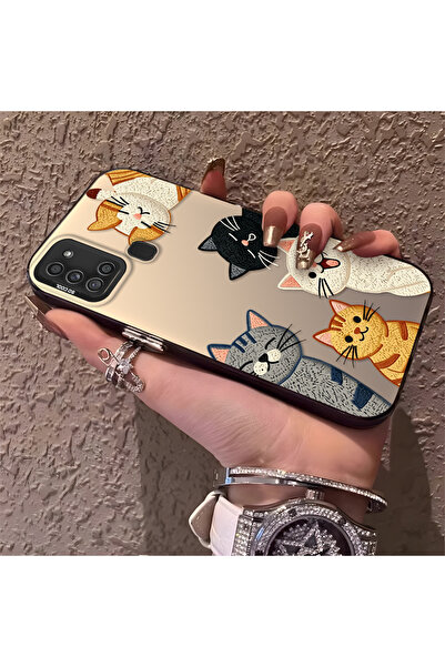 quırkshıeld Samsung Galaxy A21S Uyumlu Karikatür Kedi Düz Baskılı Sert Telefo...