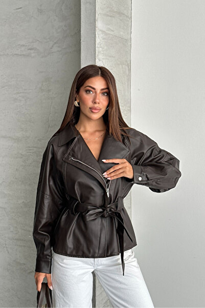 macharel jeans Women's Belted Leather Biker Jacket Coat with Zipper Detail