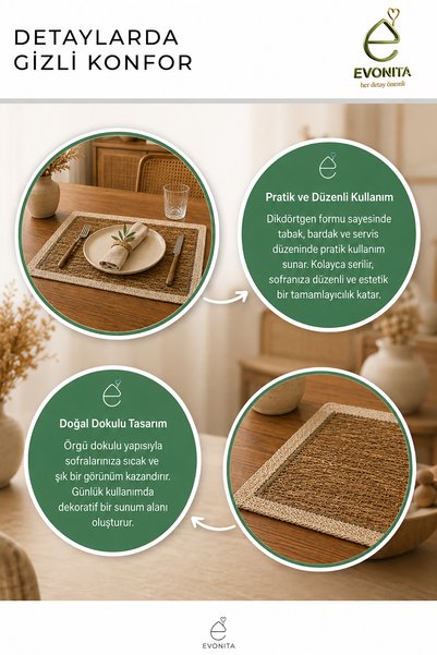 EVONİTA Wicker American Service Rectangular Plate |   Decorative Table Service Tableware Organizer Wicker Placemat