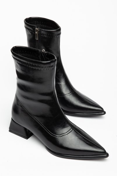 DİORİN Women's Short Thick Heeled Pointed Toe Zippered Casual Boots