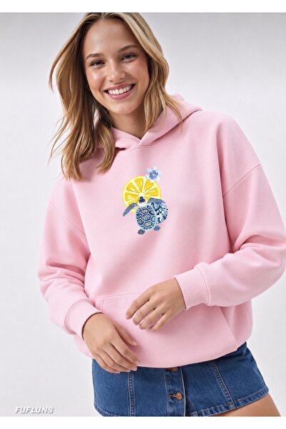 FUFLUNS Limon Flower Printed Oversized Women's Hooded Sweatshirt