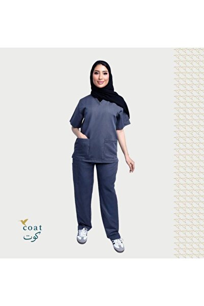 OEMS سكراب طبي نسائي كتان رمادي من كوت، بلوزة وبنطلون - XL
