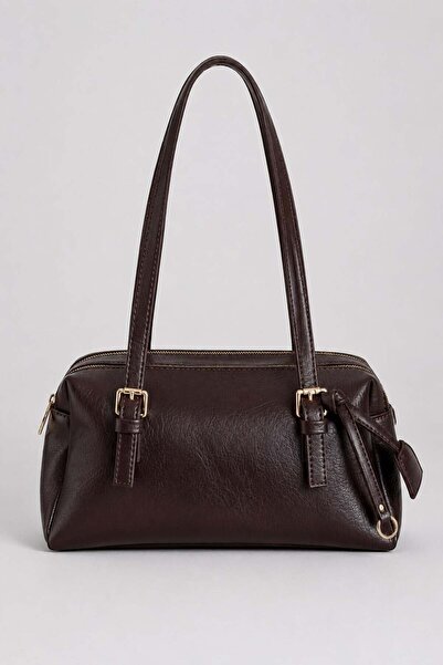 Madamra Brown Women's Double Zippered Compartment Long Handle Daily Shoulder Bag