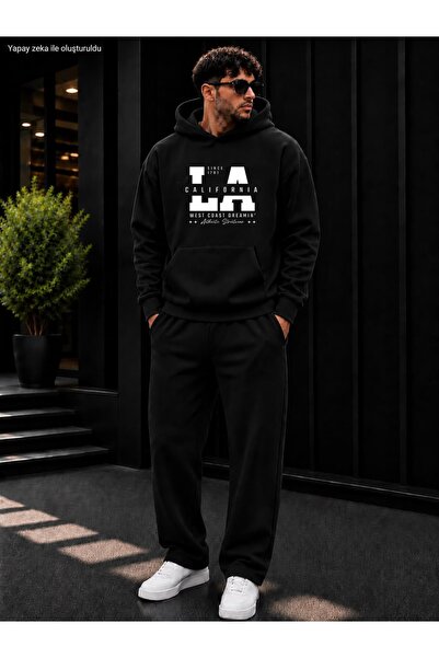 caddekombin Men's La California West Coast Printed Tracksuit Set / Hooded Kan...