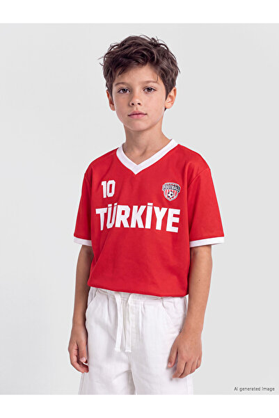 LC Waikiki Peak New Season Red V-Neck Printed Boys' T-Shirt
