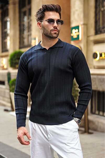 Madmext Dark Navy Blue Polo Collar Patterned over Fit Men's Knitwear Sweater ...