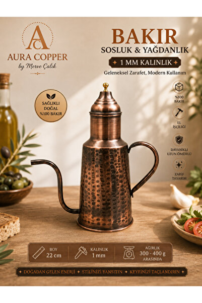 AURA COPPER Eskitme Bakır Yağdanlık Zeytinyağlık Sosluk 22 cm – 1 mm El İşçil...