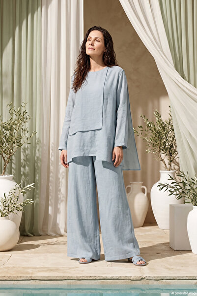Ceremony Blouse with Front Piece and Wide Leg Trousers Nile Set 965 Blue
