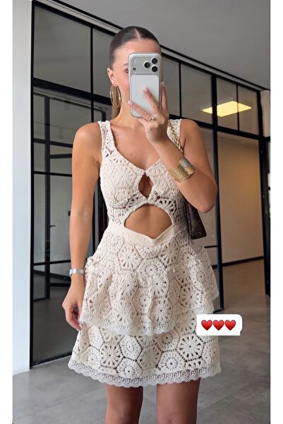 sinemkivanc co Cut out Detay Naturel Makrome Elbise